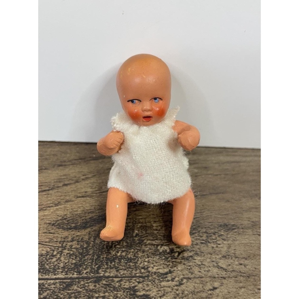 Vintage 3" Baby Doll Jointed Arms Legs Bisque Open Mouth Dress Made In Germany
